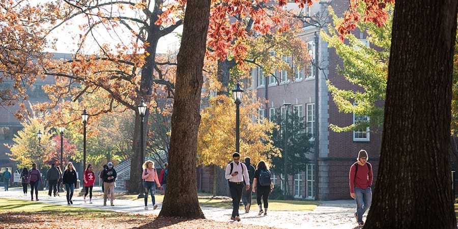 Students walking on college campus in the fall