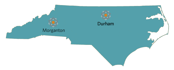 Map of North Carolina showing location of Morganton and Durham