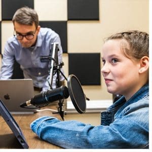 Fifth-grade students from Moss Street Partnership School traveled from Reidsville to record podcasts in UNCG's University Teaching & Learning Commons. Students’ podcasts will be entered into the NPR Student Podcast Challenge.