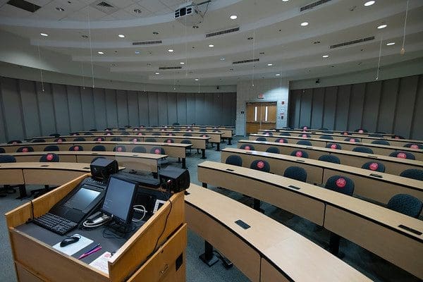 Classroom chairs marked for physical distancing