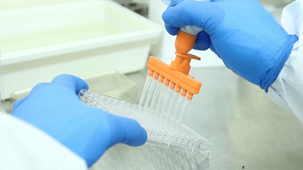 Close-up shot of hands injecting serum into plastic vials