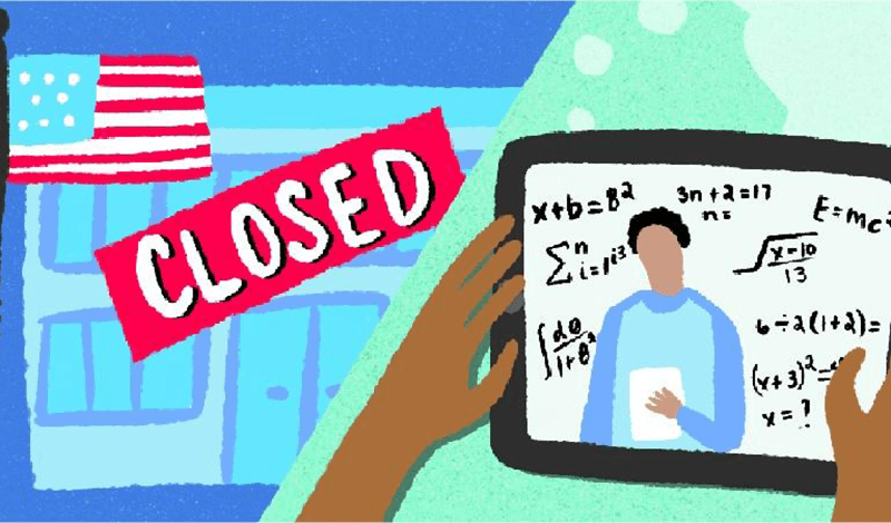 An illustration of two hands holding a tablet with math lessons on the screen. In the background there is a school with a "closed" sign in front.