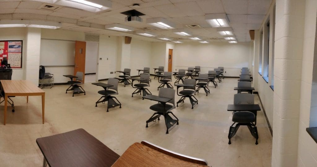 Classroom reconfigured for physical distancing.