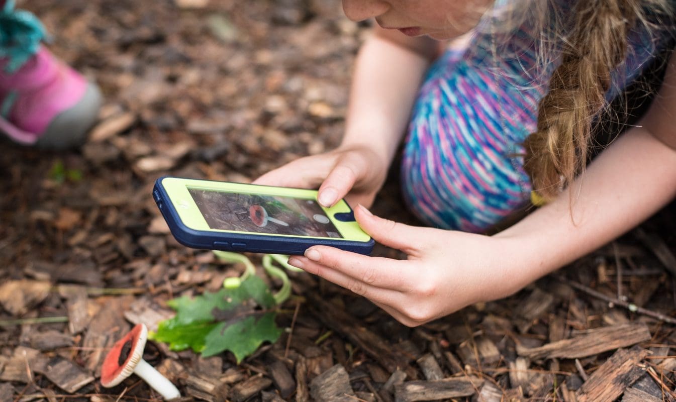 Young ecoEXPLOREr uses a smartphone to photograph a toadstool