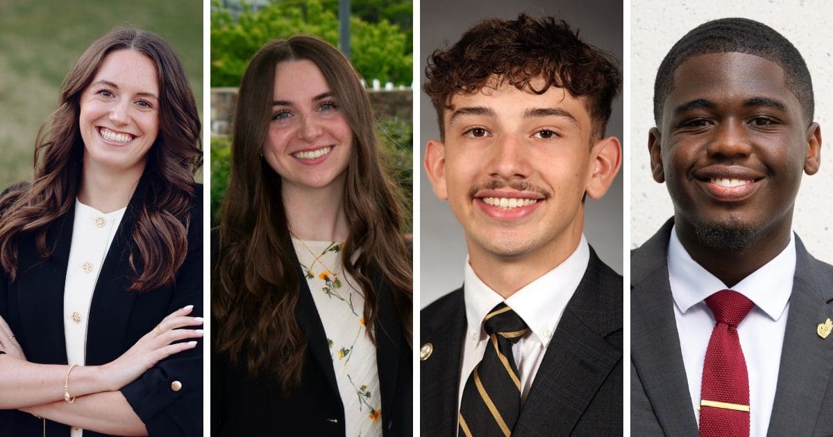 Four smiling headshots of 2026-27 UNC System Presidential Scholars (from left to right): Katherine Helms, Jordan Martin, John Squier, and Zachary Tucker.